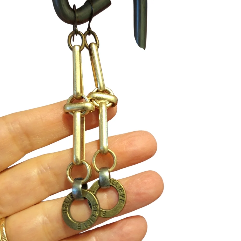 Elongated Gold Toned BELIEVE Earrings Chain Length Drop 3 inches Modern Edgy